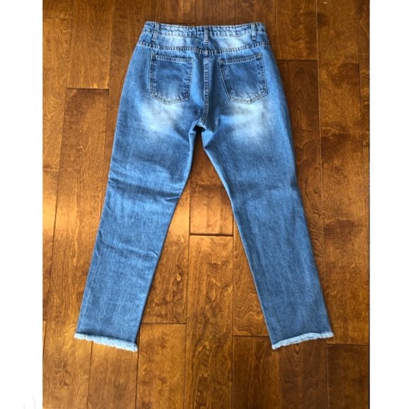 MOMOKROM MEDIUM WASH DISTRESSED RIPPED JEANS. LIKE NEW - Picture 2 of 6